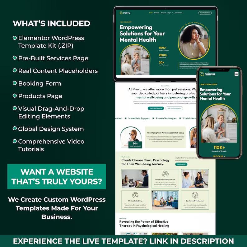 May include: A digital mockup showcasing a website design for mental health services, displayed on a tablet and smartphone. The design features a green and white color scheme with the text "Empowering Solutions for Your Mental Health". The image also lists website features.