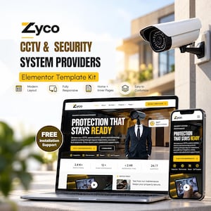 Könnte beinhalten: Eine digitale Marketinggrafik für das Zyco CCTV & Security System Providers Elementor Template Kit mit einer weißen Überwachungskamera, einem Laptop und einem Smartphone, die eine Website mit dem Text Protection That Stays Ready zeigt.
