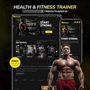 May include: A website template kit for a health and fitness trainer, featuring a desktop and mobile view. The design is dark with yellow accents and includes the text "HEALTH & FITNESS TRAINER" and "START STRONG". A muscular person is in the foreground.
