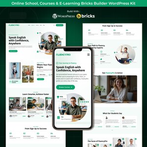 May include: A mobile phone displays a website interface for an online English learning platform, FluencyPro. The website features a green and white color scheme, with images of people learning and the text "Speak English with Confidence, Anywhere."