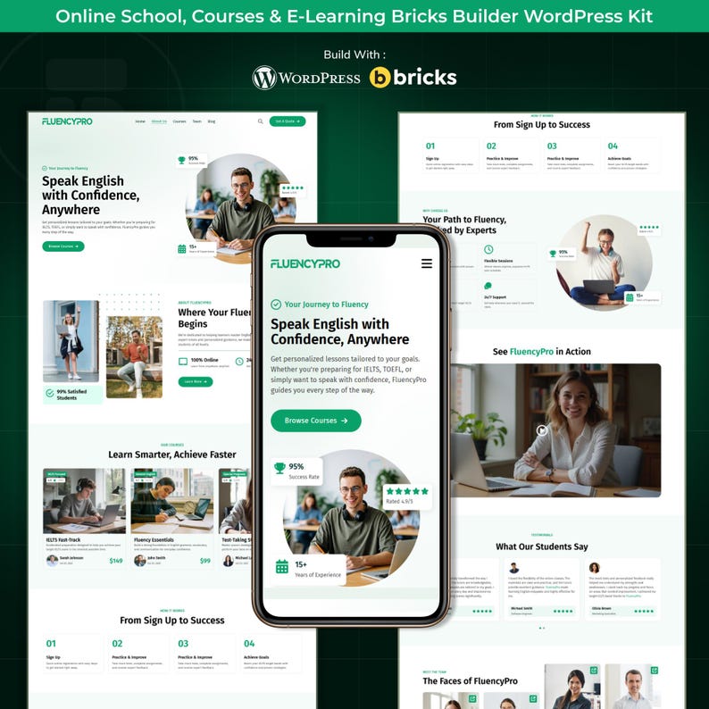 May include: A mobile phone displays a website interface for an online English learning platform, FluencyPro. The website features a green and white color scheme, with images of people learning and the text "Speak English with Confidence, Anywhere."