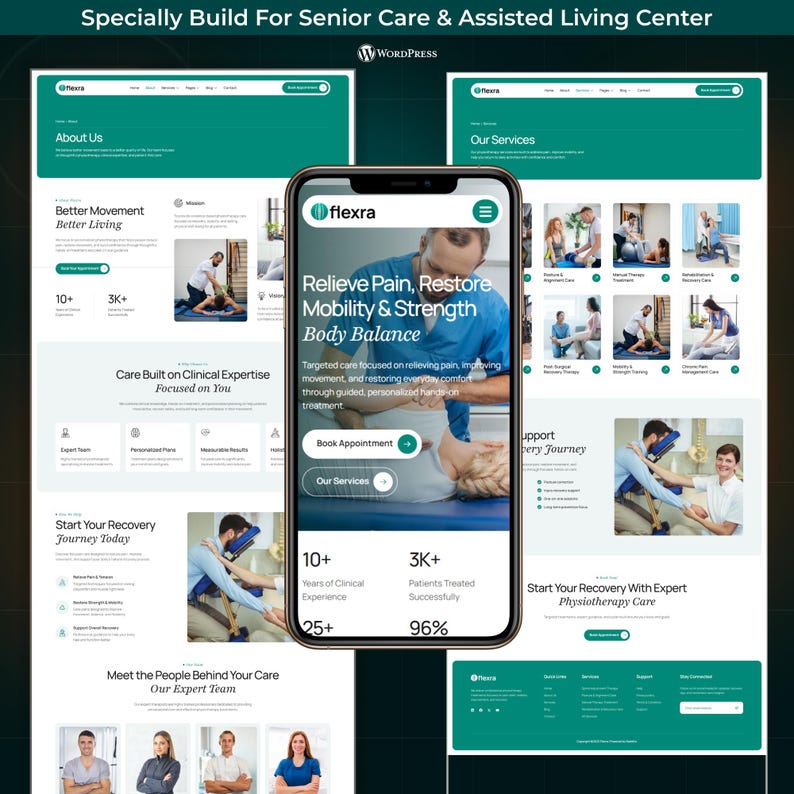 Puede incluir: Un tel&eacute;fono inteligente muestra la interfaz de un sitio web para un centro de atenci&oacute;n a personas mayores y vida asistida. El sitio web presenta secciones sobre servicios, sobre nosotros y atenci&oacute;n al paciente. La pantalla muestra el texto: "Relieve Pain, Restore Mobility & Strength Body Balance."