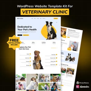 Könnte beinhalten: Ein WordPress-Website-Template-Kit für eine Tierklinik namens FurClinic. Das Layout zeigt einen schwarz-weißen Hund, eine Katze und verschiedene Symbole für Tierpflegedienste. Eine gelbe Stern-Grafik enthält den Text FREE INSTALLATION INCLUDE.