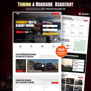 May include: A digital website template kit for a towing and roadside assistance service. The layout features a red and white color scheme, including sections for emergency help, service descriptions, a map, and a contact form with text.