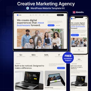 May include: A digital marketing agency WordPress website template kit named Evolix, displayed on a desktop monitor and a smartphone screen. The interface features a hero section with text, a team photo, and project showcases with a blue circular badge.
