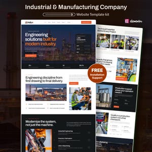 Può includere: Un kit di modelli di sito web per un'azienda industriale e manifatturiera con uno schema di colori scuri e accenti arancioni. Il layout include sezioni per soluzioni ingegneristiche, competenza tecnica e supporto alla produzione.
