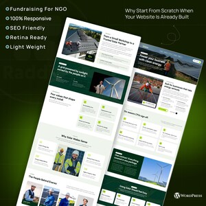 May include: Two website mockups with green and white text and images about solar energy. The text includes "Why Start From Scratch When Your Website Is Already Built" and "Power your business with clean energy."
