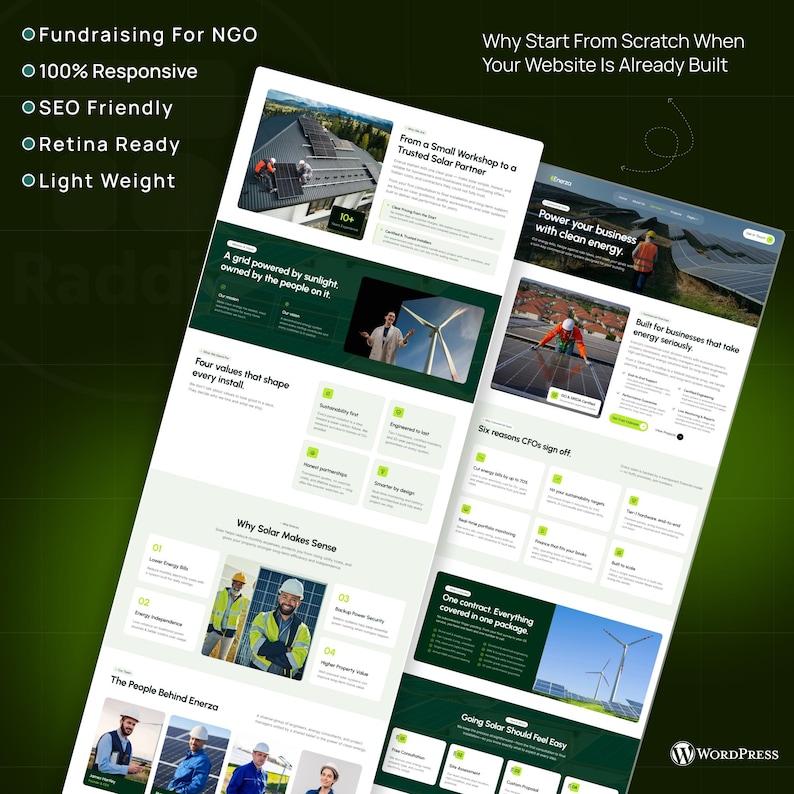 May include: Two website mockups with green and white text and images about solar energy. The text includes "Why Start From Scratch When Your Website Is Already Built" and "Power your business with clean energy."