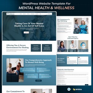 May include: A website template for mental health and wellness, featuring a blue and white design. The layout includes sections for services, client testimonials, and FAQs. The text reads "Taking Care Of Your Mental Health Is An Act Of Self-Love".