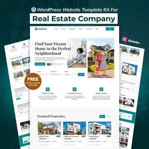 May include: A website template kit for a real estate company, featuring a clean, modern design. The design includes sections for featured properties, exclusive listings, and personalized service. The text "Find Your Dream Home in the Perfect Neighborhood" is displayed prominently.