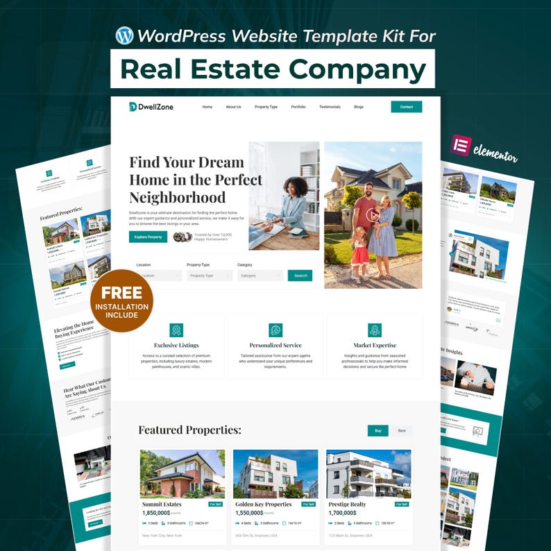 May include: A website template kit for a real estate company, featuring a clean, modern design. The design includes sections for featured properties, exclusive listings, and personalized service. The text "Find Your Dream Home in the Perfect Neighborhood" is displayed prominently.