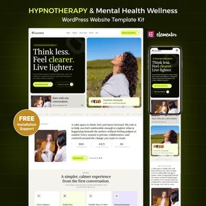 May include: A WordPress website template kit for hypnotherapy and mental health wellness, featuring a desktop layout and a mobile view. The design includes text, images of people, and buttons with the text Lucentra, Think less. Feel clearer. Live lighter.