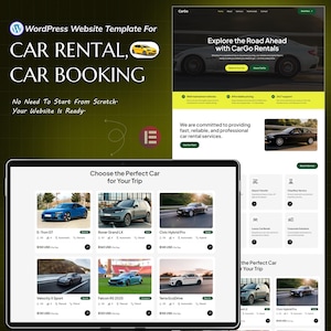 May include: A website template for car rental and booking services. The design features a tablet displaying car options, a website header with a car image, and a section highlighting services. Text includes "Explore the Road Ahead" and "Choose the Perfect Car".