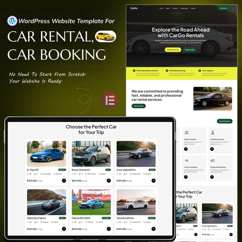 May include: A website template for car rental and booking services. The design features a tablet displaying car options, a website header with a car image, and a section highlighting services. Text includes "Explore the Road Ahead" and "Choose the Perfect Car".
