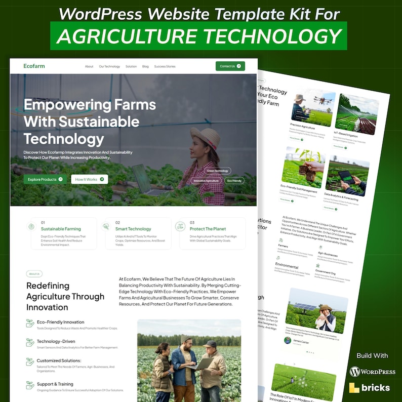 Może przedstawiać: Zestaw szablon&oacute;w stron internetowych WordPress dla technologii rolniczej. Gł&oacute;wna strona zawiera tekst &bdquo;Empowering Farms With Sustainable Technology&rdquo; i zdjęcie kobiety w polu. Zawiera sekcje dotyczące zr&oacute;wnoważonego rolnictwa i inteligentnej technologii.
