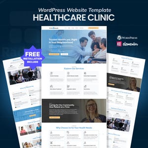 Peut inclure: Maquette de site web pour une clinique de soins de santé, avec un design bleu et blanc. L'image comprend des maquettes de sites web avec des sections pour les services, les témoignages de patients et un appel à l'action. Le texte comprend "WordPress Website Template HEALTHCARE CLINIC".
