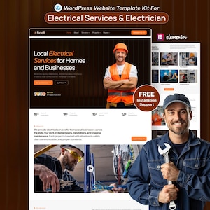 Może przedstawiać: Zestaw szablonów stron internetowych WordPress dla usług elektrycznych i elektryków. Projekt zawiera makietę strony internetowej z tekstem "Lokalne usługi elektryczne dla domów i firm". Obraz zawiera mężczyznę w pomarańczowej kamizelce i mężczyznę w niebieskim mundurze trzymającego klucz.