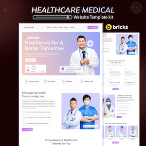 Peut inclure: Un kit de modèle de site web intitulé "HEALTHCARE MEDICAL" avec un design moderne. Le modèle présente une mise en page épurée avec des sections pour les services de santé, y compris les soins primaires, psychiatriques, pédiatriques et dentaires. Le design intègre des images de professionnels de la santé.
