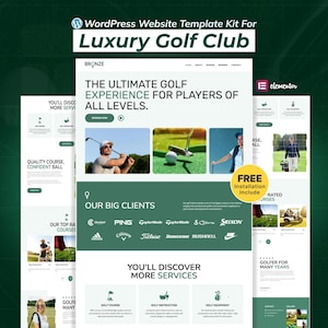 Puede incluir: Un kit de plantilla de sitio web para un club de golf de lujo, con un diseño verde y blanco. El diseño incluye el texto "The Ultimate Golf Experience" y logotipos de marcas de golf. La imagen también incluye el texto "Free Installation Include".