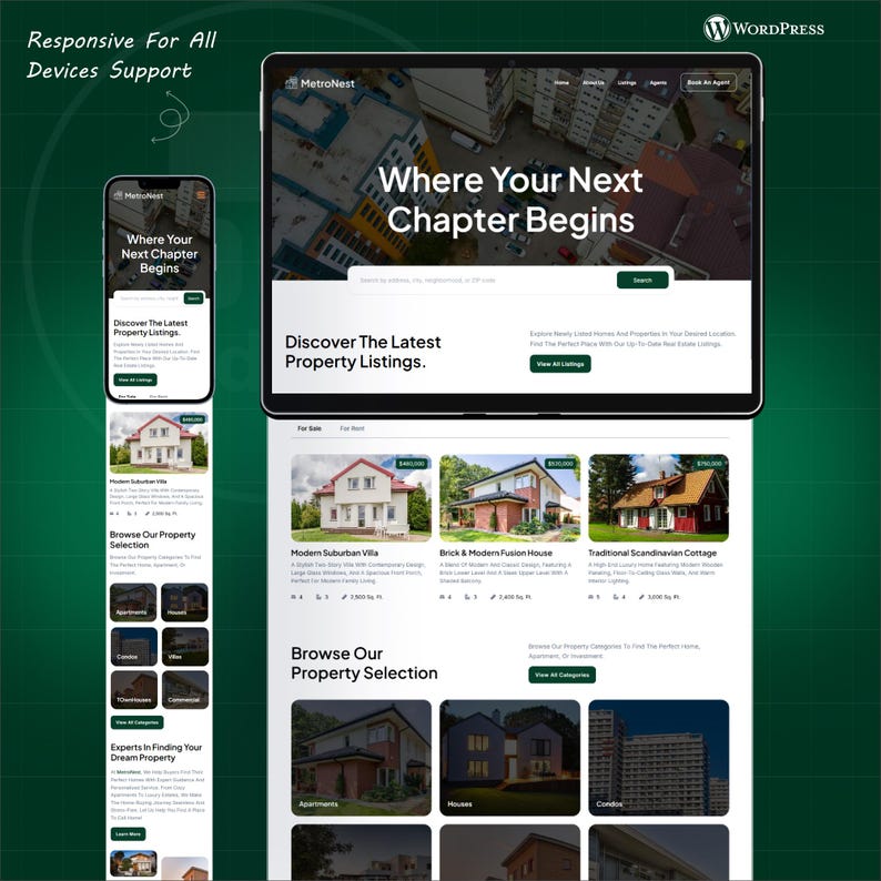 K&ouml;nnte beinhalten: Ein Website-Design f&uuml;r eine Immobilienplattform, dargestellt auf einem Tablet und Smartphone. Die Seite zeigt Immobilienangebote mit dem Text "Where Your Next Chapter Begins" und "Discover The Latest Property Listings."