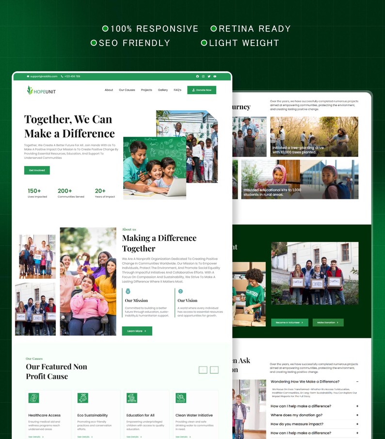 K&ouml;nnte beinhalten: Webdesign f&uuml;r Hopeunit, eine gemeinn&uuml;tzige Organisation. Das Design verf&uuml;gt &uuml;ber ein gr&uuml;n-wei&szlig;es Farbschema mit Abschnitten f&uuml;r die Mission, Vision und vorgestellten Anliegen. Der Text lautet "Gemeinsam k&ouml;nnen wir etwas bewirken."