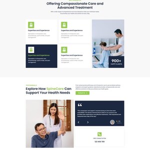 May include: Website homepage for SpineCare, a clinic offering chiropractic and physiotherapy services. The site details services like chiropractic care, wellness programs, and pain management. Images show patient care and clinic staff.