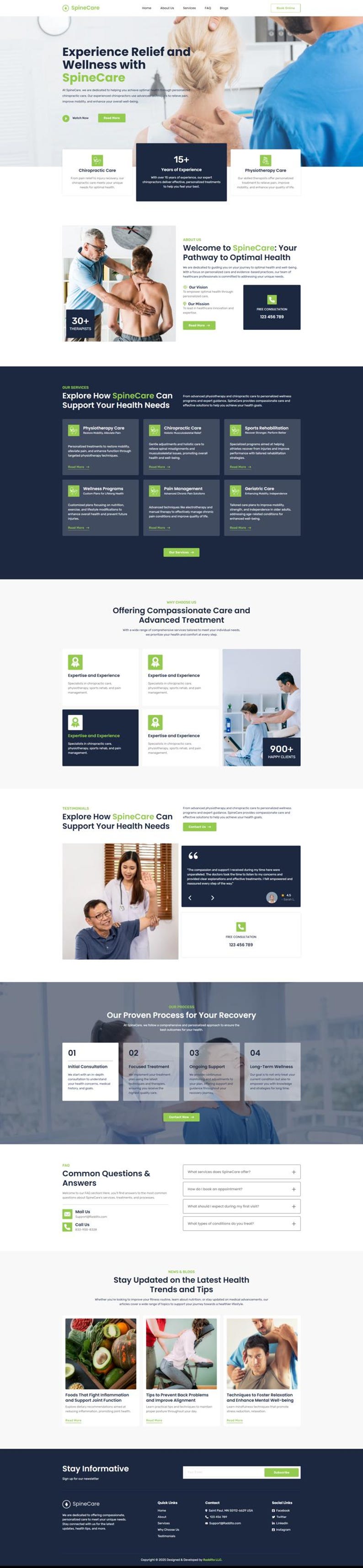 May include: Website homepage for SpineCare, a clinic offering chiropractic and physiotherapy services. The site details services like chiropractic care, wellness programs, and pain management. Images show patient care and clinic staff.