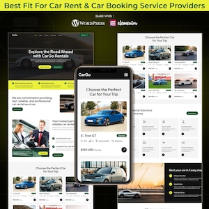 May include: A car rental website and mobile app interface are displayed. The website shows car options and booking details. The app features a blue electric car with the text "E-Tron GT". The image includes the text "Best Fit For Car Rent & Car Booking Service Providers".