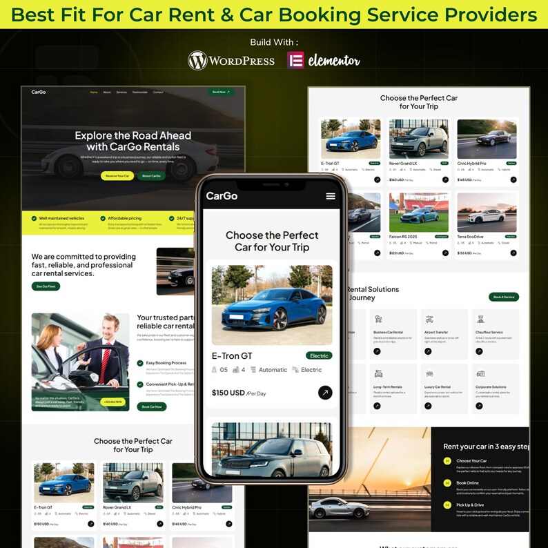 May include: A car rental website and mobile app interface are displayed. The website shows car options and booking details. The app features a blue electric car with the text "E-Tron GT". The image includes the text "Best Fit For Car Rent & Car Booking Service Providers".