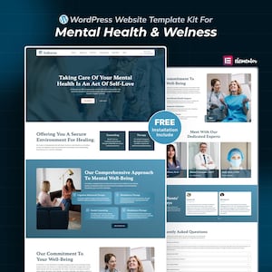 Könnte beinhalten: Ein WordPress-Website-Template-Kit für psychische Gesundheit und Wohlbefinden mit blauem und weißem Design. Das Template enthält Abschnitte zu Selbstfürsorge, Therapie und Expertenberatung. Der Text enthält "Sich um Ihre psychische Gesundheit zu kümmern, ist eine Selbstliebe."