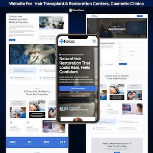 May include: A smartphone displays a website for hair transplant and restoration centers. The website features images of medical procedures, patient testimonials, and the text "Natural Hair Restoration That Looks Real, Feels Confident."