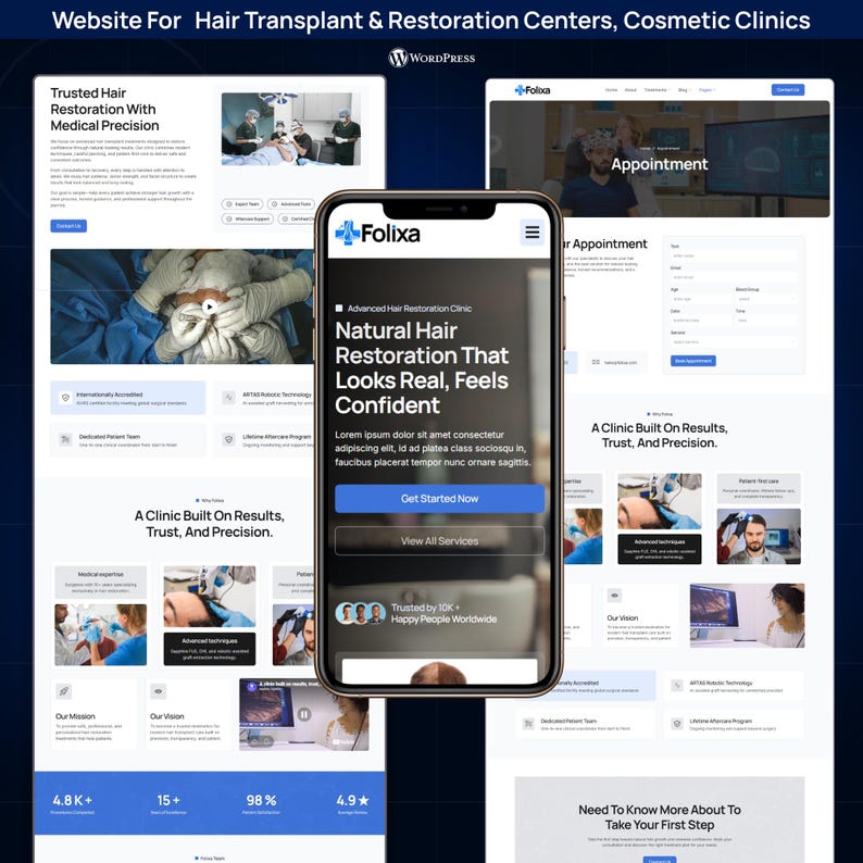 May include: A smartphone displays a website for hair transplant and restoration centers. The website features images of medical procedures, patient testimonials, and the text "Natural Hair Restoration That Looks Real, Feels Confident."