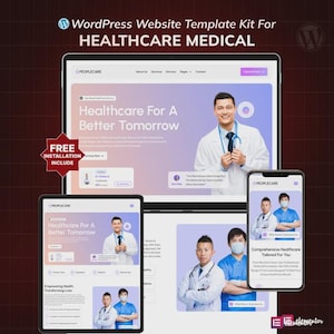 Peut inclure: Présentation numérique d'un kit de modèle de site Web WordPress pour les services médicaux de santé. La conception présente une mise en page épurée avec des images de professionnels de la santé et le texte "Healthcare For A Better Tomorrow". Inclut le texte "FREE INSTALLATION INCLUDE".