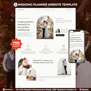Op de afbeelding: Een website template voor weddingplanners, met een strak, modern design. Het ontwerp bevat afbeeldingen van een stel, tekst en iconen. De tekst bevat de woorden "bruiloft", "herinneringen" en "dromen".