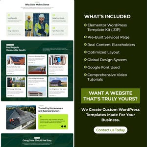 May include: A website design advertisement with the headline "Why Solar Makes Sense" and the text "Real Projects, Measurable Results." The image includes a list of features and the call to action "Contact us Today."