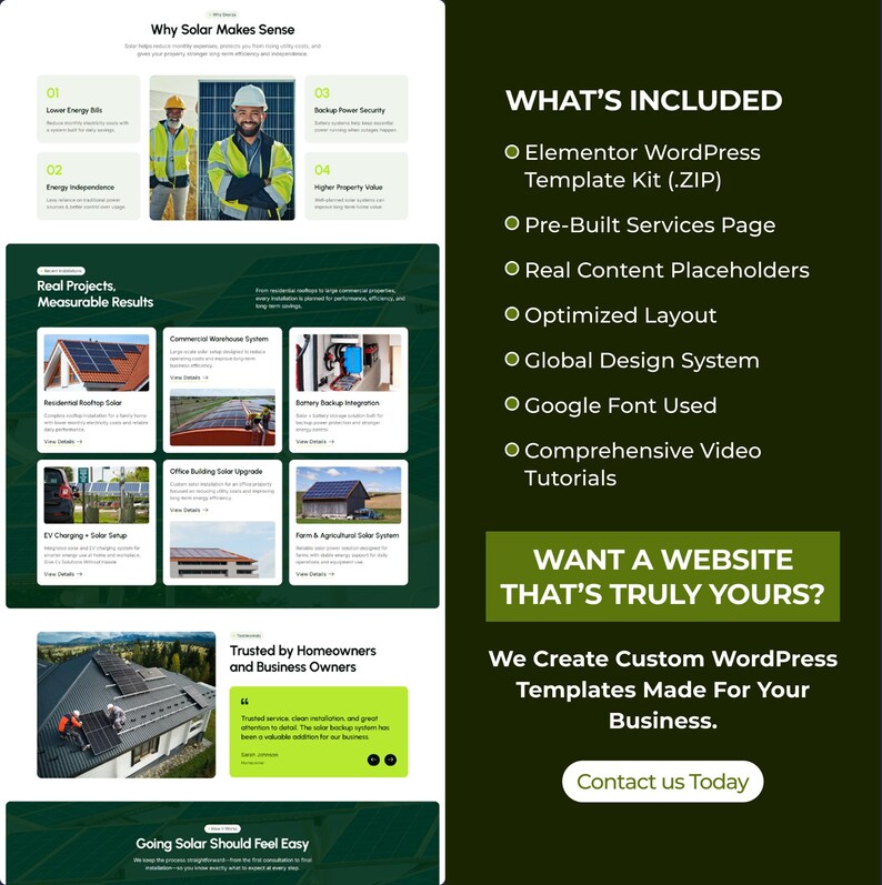 May include: A website design advertisement with the headline "Why Solar Makes Sense" and the text "Real Projects, Measurable Results." The image includes a list of features and the call to action "Contact us Today."