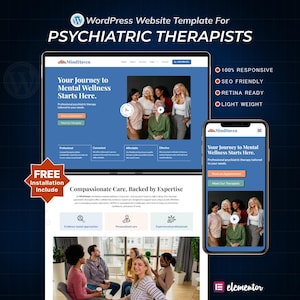 Puede incluir: Una plantilla de sitio web para terapeutas psiquiátricos, que muestra un diseño adaptable en una tableta y un teléfono inteligente. El diseño incluye el texto "Your Journey to Mental Wellness Starts Here" y "Free Installation Include."