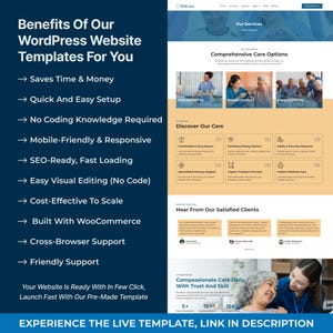 Puede incluir: Anuncio de plantillas de sitios web de WordPress. La imagen muestra un dise&ntilde;o de p&aacute;gina web con secciones sobre servicios, opciones de atenci&oacute;n y testimonios de clientes. El texto incluye "Benefits Of Our WordPress Website Templates For You" y "Experience the Live Template, Link in Description."