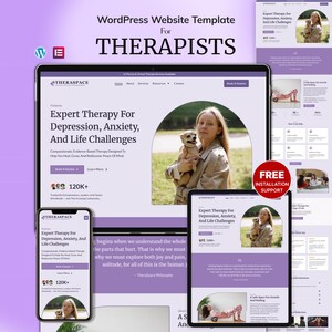 May include: A WordPress website template for therapists, displayed on a tablet, phone, and laptop. The design includes the text "Expert Therapy For Depression, Anxiety, And Life Challenges" and a photo of a woman holding a small dog. Includes free installation support.