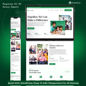 K&ouml;nnte beinhalten: Ein Website-Design, das auf einem Tablet und Smartphone angezeigt wird und die Mission einer gemeinn&uuml;tzigen Organisation pr&auml;sentiert. Das Design enth&auml;lt den Text &bdquo;Gemeinsam k&ouml;nnen wir etwas bewirken&ldquo; und Bilder von Kindern und Gemeindemitgliedern. Das Design ist f&uuml;r alle Ger&auml;te geeignet.