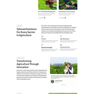 Może przedstawiać: Strona gł&oacute;wna witryny internetowej Ecofarm, promująca technologię zr&oacute;wnoważonego rolnictwa. Strona zawiera sekcje dotyczące innowacji, technologii i rozwiązań dostosowanych do potrzeb, ze zdjęciami gospodarstw i praktyk rolniczych.