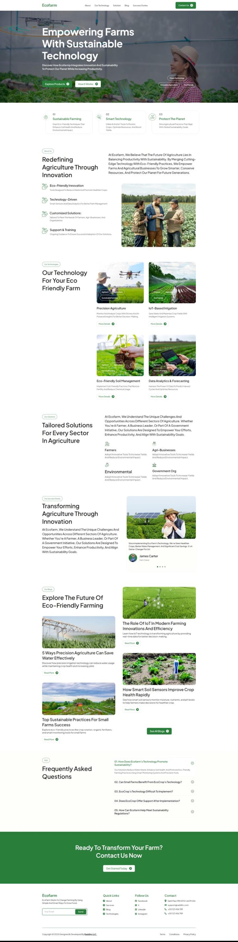 Może przedstawiać: Strona gł&oacute;wna witryny internetowej Ecofarm, promująca technologię zr&oacute;wnoważonego rolnictwa. Strona zawiera sekcje dotyczące innowacji, technologii i rozwiązań dostosowanych do potrzeb, ze zdjęciami gospodarstw i praktyk rolniczych.