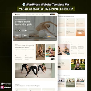 Può includere: Un modello di sito web per un coach di yoga e un centro di formazione. Il design presenta un layout pulito con immagini di pose yoga e lezioni. Il testo include "Breathe Deep. Move Mindfully." e "Guided Programs For Consistent Progress."