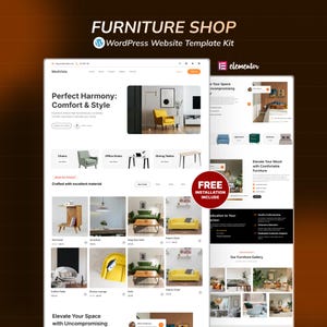 May include: A website template kit for a furniture shop, showcasing various furniture items. The design includes a homepage with a modern layout, featuring chairs, office desks, and dining tables. The text includes "Perfect Harmony: Comfort & Style" and "FREE INSTALLATION INCLUDE."
