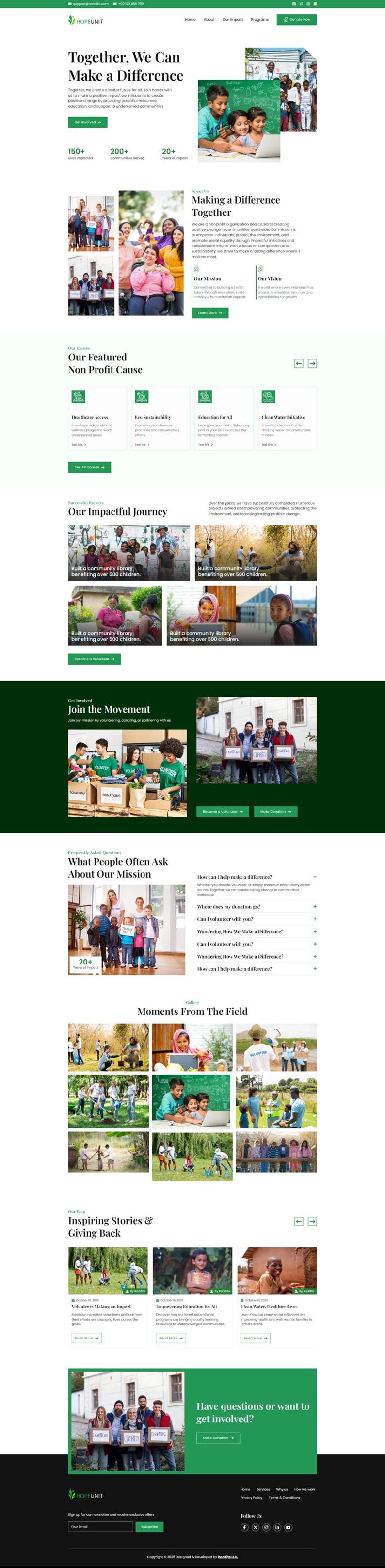 K&ouml;nnte beinhalten: Eine Website-Homepage f&uuml;r Hope Unit, eine gemeinn&uuml;tzige Organisation. Die Seite zeigt Bilder von Menschen, Text und Handlungsaufforderungen. Die Website wirbt f&uuml;r gesellschaftliches Engagement, Bildung und sauberes Wasser.