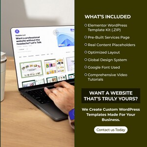 May include: A laptop screen showing a website design with the text "Want a professional website without the headache? Let's Talk." The image also includes a list of features and the text "We Create Custom WordPress Templates Made For Your Business."
