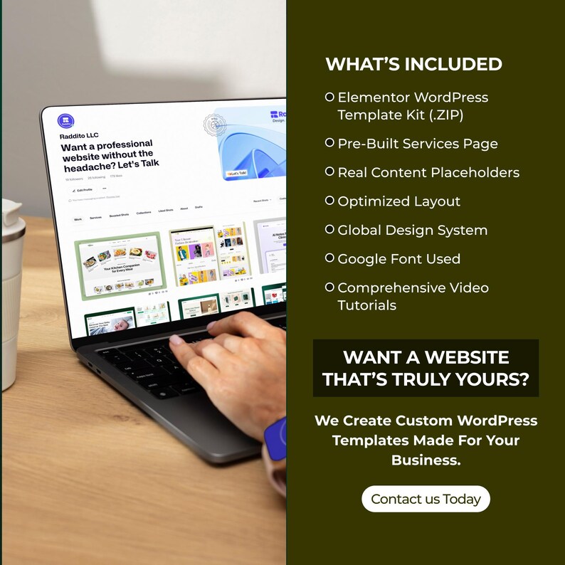 May include: A laptop screen showing a website design with the text "Want a professional website without the headache? Let's Talk." The image also includes a list of features and the text "We Create Custom WordPress Templates Made For Your Business."