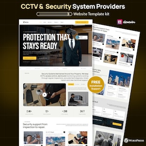 Op de afbeelding: Een website template kit voor CCTV- en beveiligingssysteemaanbieders met een landingspagina-indeling, een figuur in pak met een beveiligingscamera als hoofd, servicebeschrijvingen, technische ondersteuning en Elementor- en WordPress-branding.