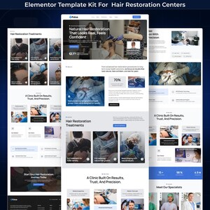 May include: A website template kit for hair restoration centers. The design features multiple page layouts with images of hair restoration procedures, medical professionals, and the Folixa logo. Text includes "Natural Hair Restoration That Looks Real, Feels Confident."