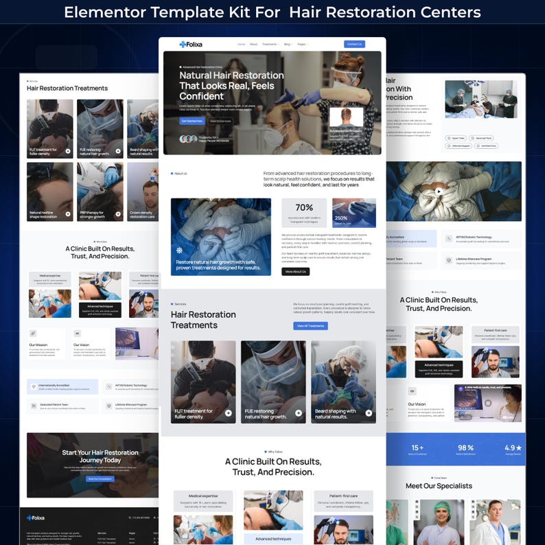 May include: A website template kit for hair restoration centers. The design features multiple page layouts with images of hair restoration procedures, medical professionals, and the Folixa logo. Text includes "Natural Hair Restoration That Looks Real, Feels Confident."